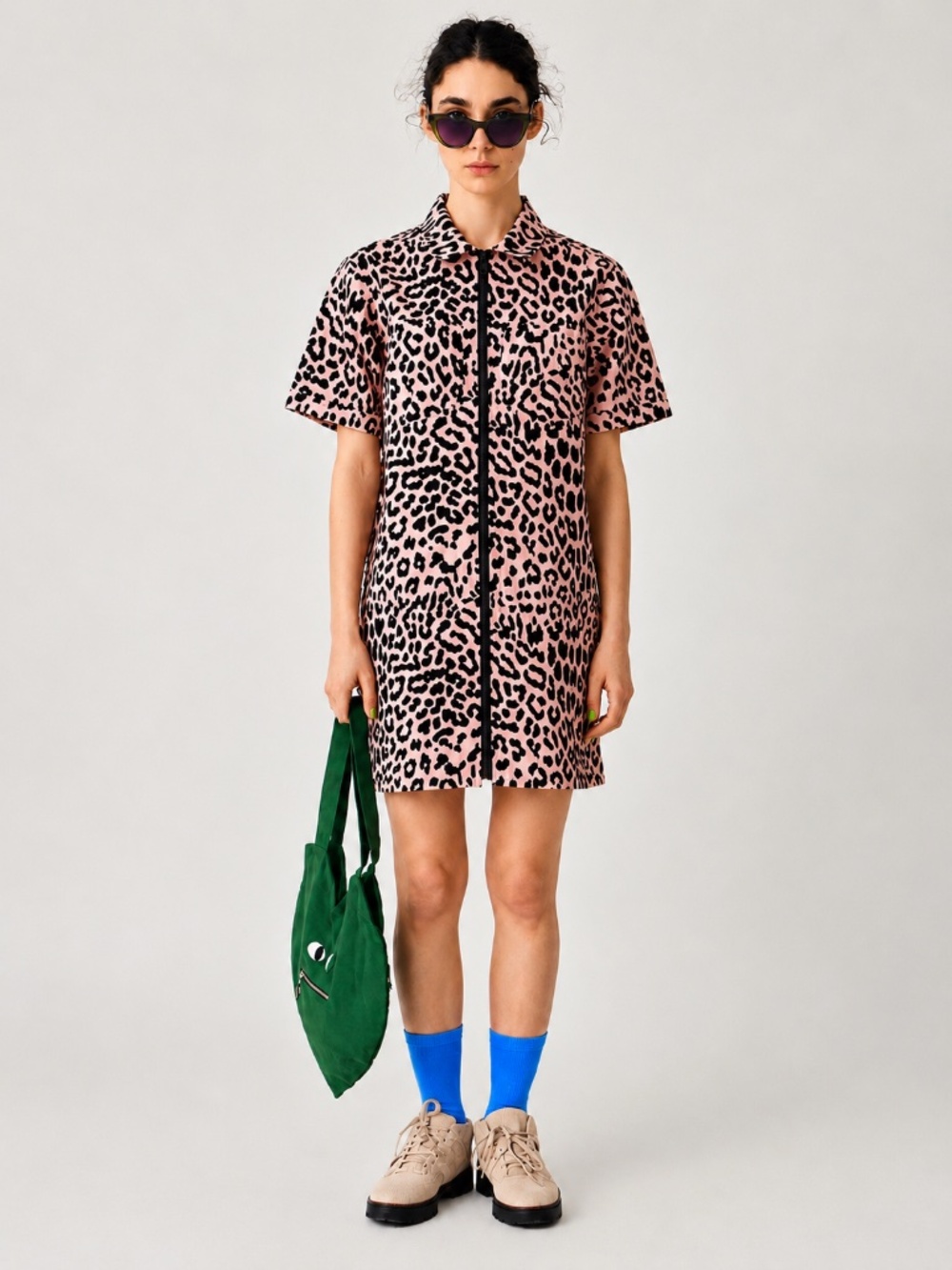Lazy Oaf Pink Leopard Zip Shirt Dress Cotton Mini S